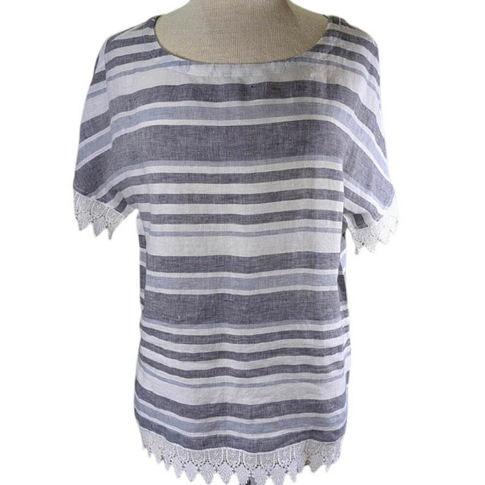 Artisan NY 100% Linen Pullover Top Womens Medium Gray Blue Striped‎ Lace Trim